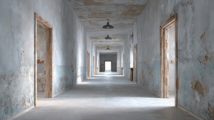 Abandoned corridor with peeling paint and empty doorways in muted tones creating quiet atmosphere