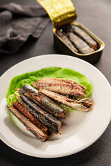 Sardine canned food sprats fish seafood fresh pescetarian diet gourmet food background on the table rustic food top view copy space keto and paleo diet
