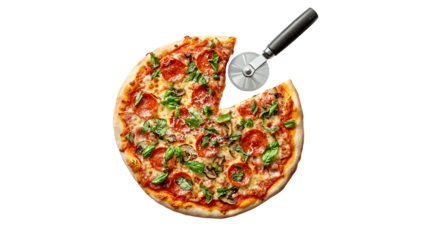 PNG a pizza cutter with a pizza on top of it on a transparent background