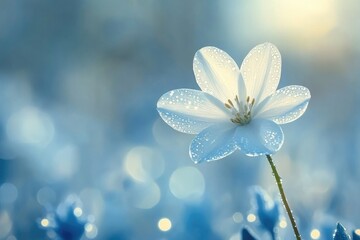 Fototapeta premium A delicate white flower, glistening with dew drops, stands gracefully against a soft, dreamy blue background.