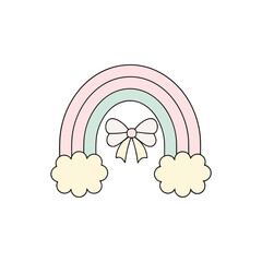 Vector art of cute pastel rainbow with bow and clouds isolated on white background