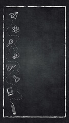 calk border frame and stationary elements on blackboard, back to school education and science vertical social media background	
