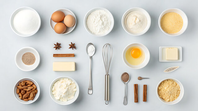 Overhead view of baking ingredients and tools arranged neatly on a light gray surface for preparation - Powered by Adobe