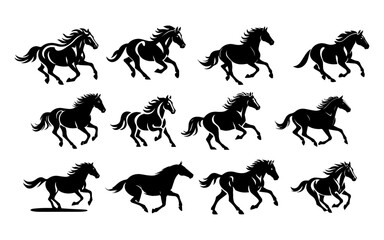 Set of Black Silhouette Running Horses