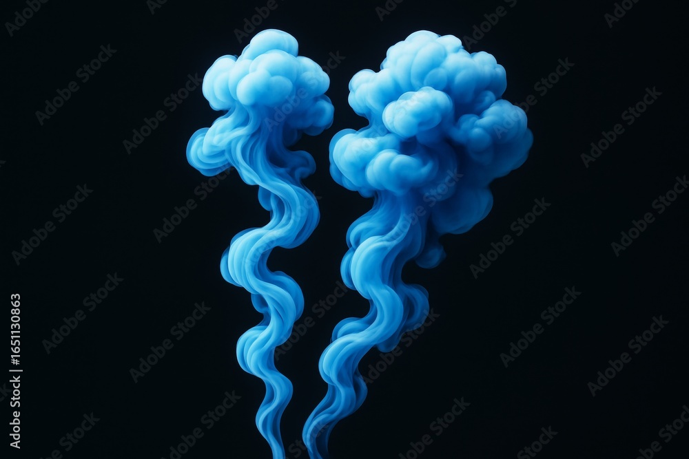Poster surreal abstract image of two swirling blue smoke clouds floating creatively against a dark backgrou