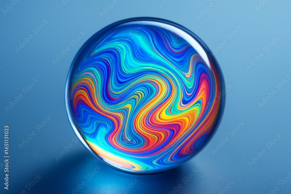 Poster abstract colorful swirled pattern sphere with light reflections on blue background, representing cre