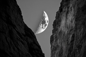 A monochrome image captures a crescent moon between two jagged rock formations in the night sky.