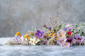 An array of frost-covered flowers in different colors arranged on a grey surface, showcasing winter's delicate beauty.