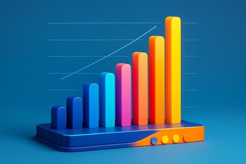 Colorful abstract bar chart with gradient bars and upward trend line on blue background in modern light graphic resources style. Ai generative