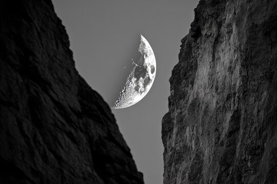 A monochrome image captures a crescent moon between two jagged rock formations in the night sky.