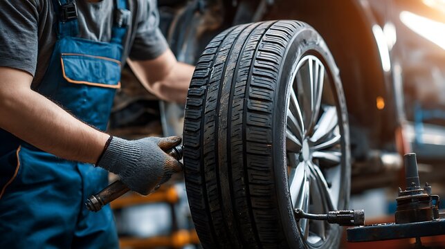 Awesome photo of mechanic Performing Tire Rotation and Balancing - Professional Auto Maintenance for Safety and Performance.