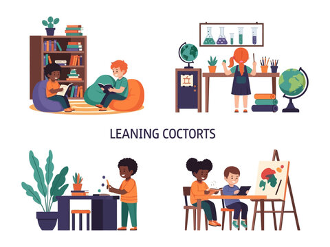 Childhood learning moments captured in a montage of diverse learning environment. A creative collection of children involved in activities that encourage growth and knowledge.