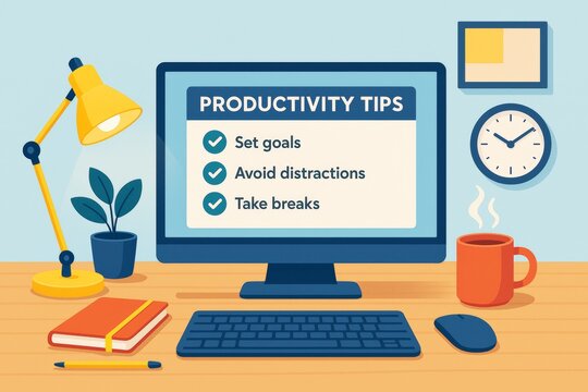 Productivity tips on computer screen with office desk setup, coffee, clock, and lamp in modern flat graphic style on blue background concept. Ai generative