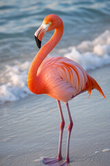Obraz premium Vibrant flamingo standing gracefully near serene ocean shoreline ambience