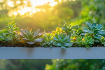 Obraz premium A trough filled with succulent plants basks in the glow of the setting sun.