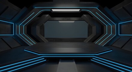 Obraz premium Futuristic Stage Design: A sleek, technological interior with neon lights illuminates a geometric stage, creating an atmosphere of anticipation and innovation. 