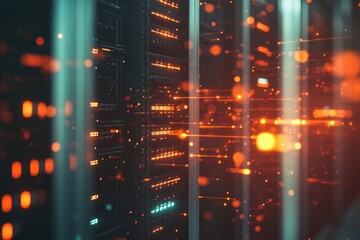 Fototapeta premium A futuristic, close-up view of data servers with glowing lights conveying powerful processing capabilities and sophisticated network infrastructure.
