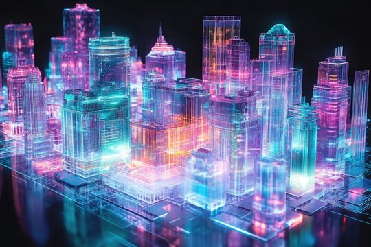 Futuristic city model glows with vibrant neon colors, showcasing architectural innovation and technological advancement on a dark reflective base. - Powered by Adobe