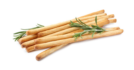Delicious grissini sticks with rosemary isolated on white