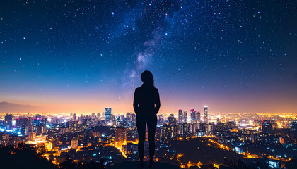 Night city view silhouetted person