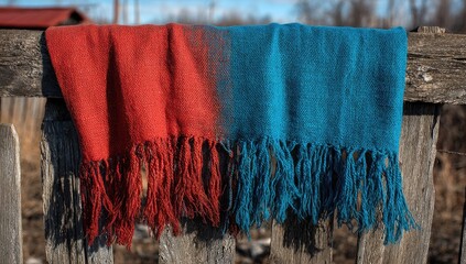 Rustic, ombre scarf draped on weathered fence