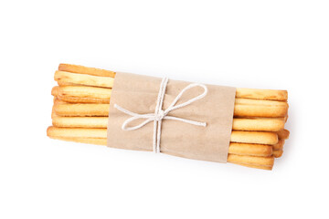 Delicious grissini sticks isolated on white, top view