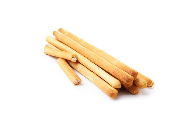 Many delicious grissini sticks isolated on white