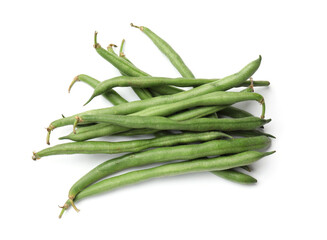 Pile of fresh pea pods isolated on white, above view