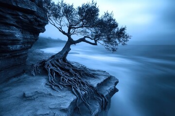 A lone tree clings to a rocky cliff, its roots exposed, overlooking a misty ocean under a twilight sky.
