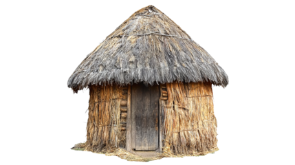 PNG a small hut with a thatched roof and a wooden door on a transparent background