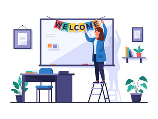 Welcome Banner: A vibrant classroom scene where a teacher is on ladder hanging a WELCOME banner to encourage the start of new term or school year. Capturing the essence of warm welcome.