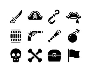 Obraz premium Collection of pirate themed icons silhouette isolated on white background
