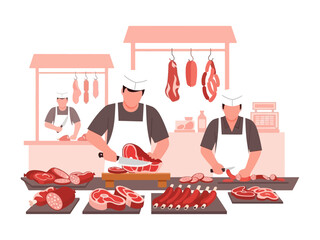Artisan Butchers at Work: A visual feast showcasing skilled artisan butchers meticulously preparing cuts of meat in a traditional butcher shop setting, emphasizing freshness and quality.