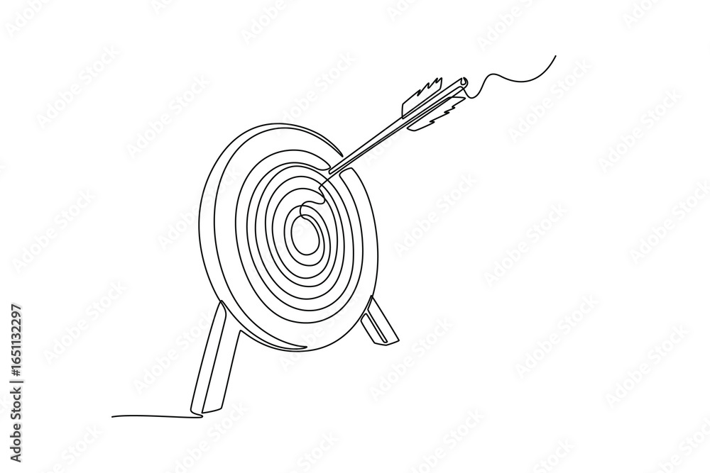 Poster continuous line drawing a single arrow hits near the center of a target. symbolizing accuracy, a gre