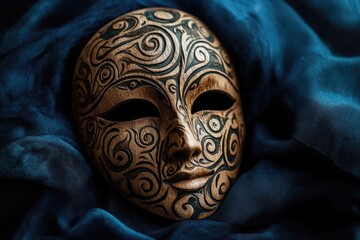 Ornate wooden mask with swirling carvings rests gracefully against a backdrop of flowing, dark blue fabric, creating a dramatic and mysterious scene.