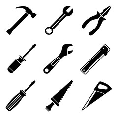 Black silhouette illustrations of hammer pliers adjustable wrench screwdrivers and saws
