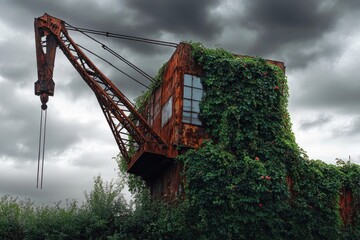 An old, rusted crane stands overgrown with vines and plants under a stormy sky, a testament to decay and nature's reclamation.