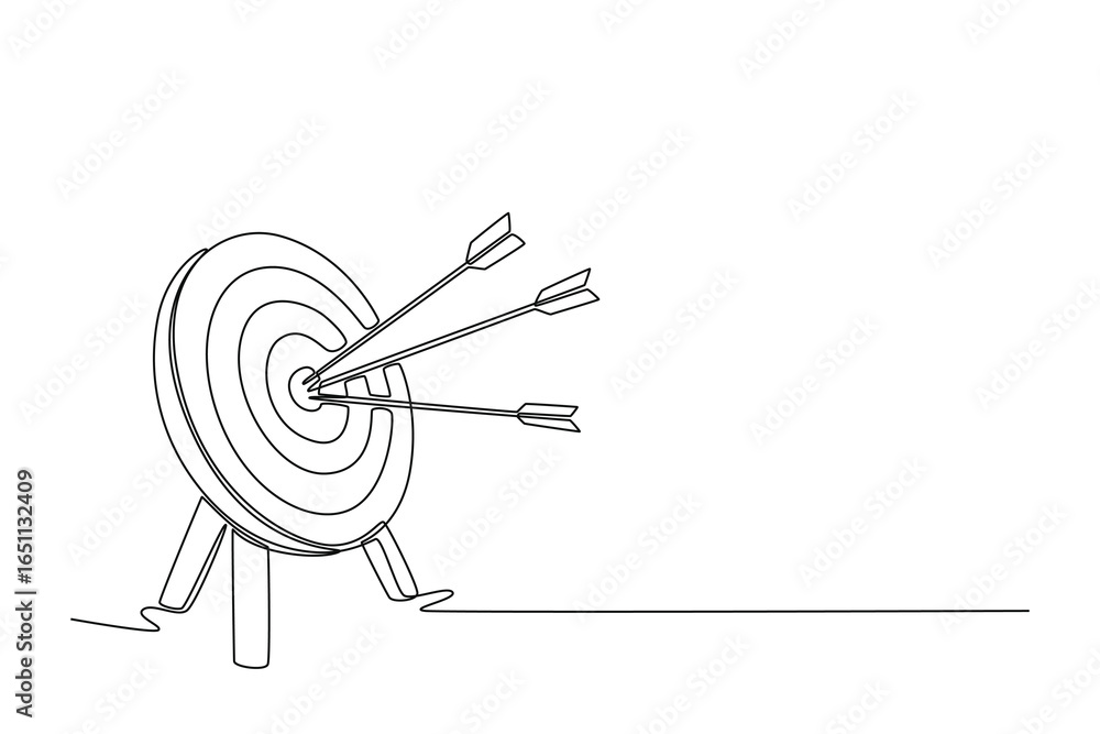 Poster continuous line drawing of a target with three arrows in the center rings symbolizes high accuracy, 