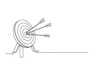 Continuous line drawing of a target with three arrows in the center rings symbolizes high accuracy, precision, and the focused achievement of goals. Single line draw design vector graphic illustration