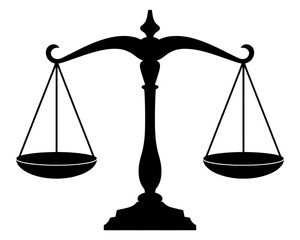 Classic black silhouette of justice scales balanced on a white background isolated on white background
