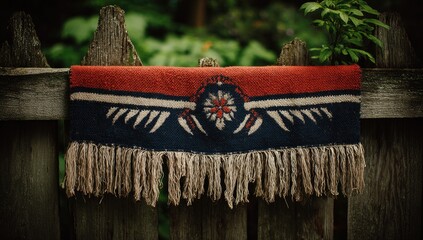 Woven tapestry, red and navy, on weathered fence