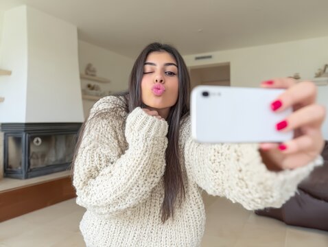Flirty young woman in a cozy sweater taking a selfie with a kissy face in a modern living room