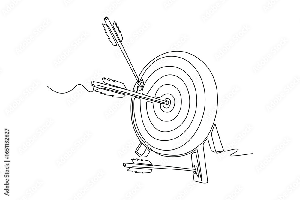 Poster single line drawing of archery target with two arrows hitting the mark and one arrow in the ground. 