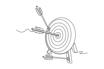 Single line drawing of archery target with two arrows hitting the mark and one arrow in the ground. Symbolizing hitting goals and importance of aiming. One line draw graphic design vector illustration