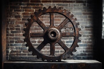 A rusty, weathered gear sits against a brick wall, showcasing industrial age and time's passage.