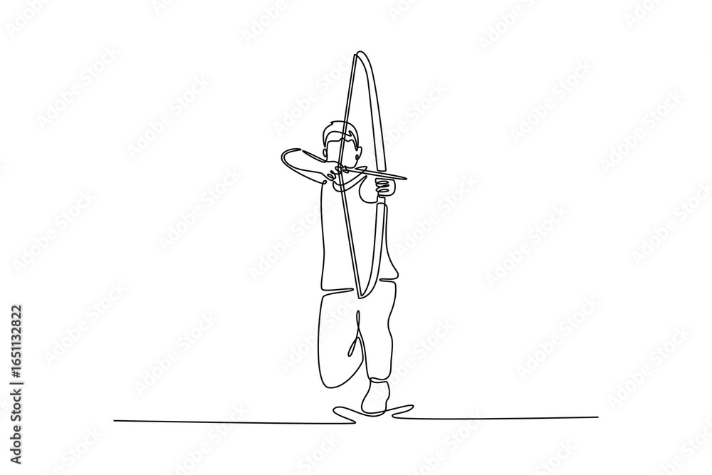 Poster continuous line drawing a man is at full draw with a recurve bow and arrow. capturing the poised mom