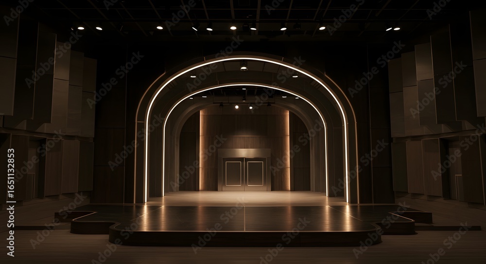Poster theatrical stage: a captivating theater stage illuminated with elegant light, featuring arches that 