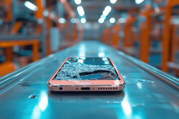A pink smartphone with a shattered screen rests on a metallic surface, lights blurred in the background.