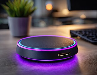 Circular black device with glowing purple and blue ring