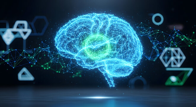 A glowing, stylized brain illustration, rendered in blue and green, surrounded by abstract geometric shapes and connected dots, signifying intelligence and technology.